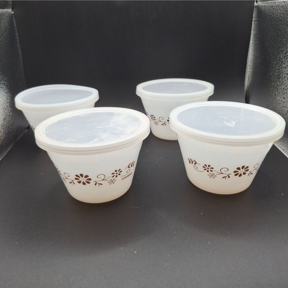 Dynaware Pry-O-Rey Milk Glass Custard Cups Brown Floral Bowls With Lids Set Of 4